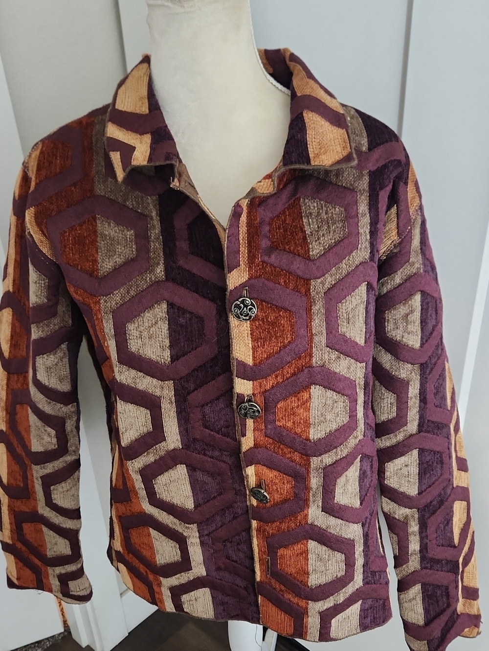 Reversible Women’s Geometric Pattern Button-Front Jacket - Purple & Brown Large